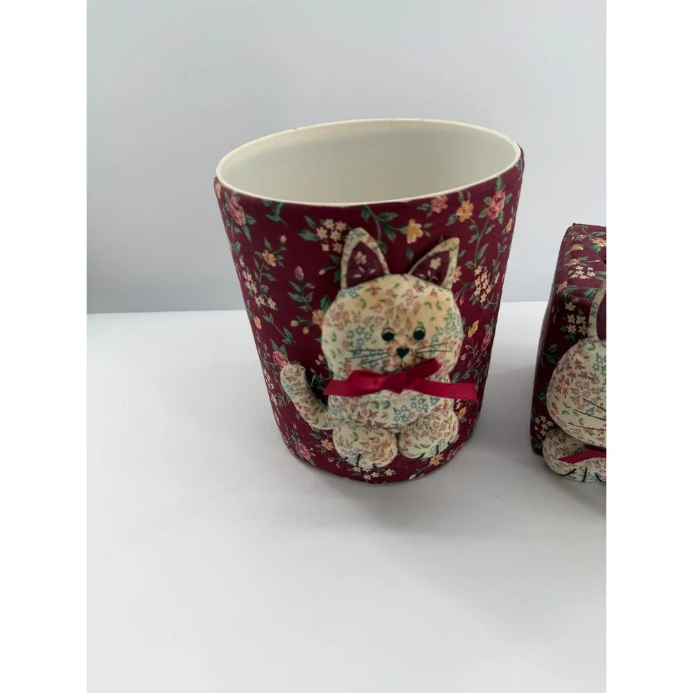 Cat Wastebasket Tissue Box Set Burgundy Fabric Floral 3D Padded Kitten Vintage
